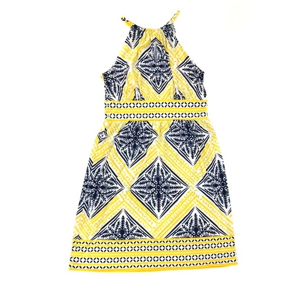 London Times Dresses & Skirts - Coastal Mediterranean Halter Sheath Dress Blue Yellow Tile Print Preppy Resort 6